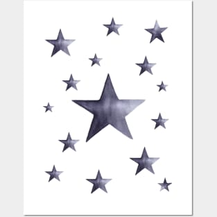 Black and grey Watercolor Stars Pattern Posters and Art